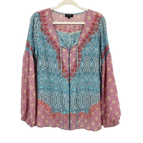 Tolani Blue Pink Mandala Print Top Peasant Silk Puff Sleeve Boho - Size Large - Picture 1 of 8